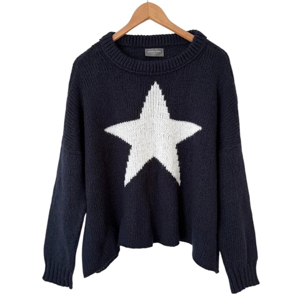 Wooden Ships Navy Blue White Star Wool Mohair Blend Boxy Sweater Size S/M
